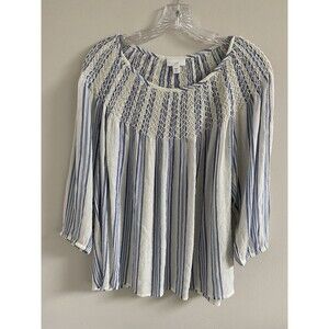 J Jill Blue Gold Striped Smocked 3/4 Sleeve Boho Peasant Blouse Medium NEW